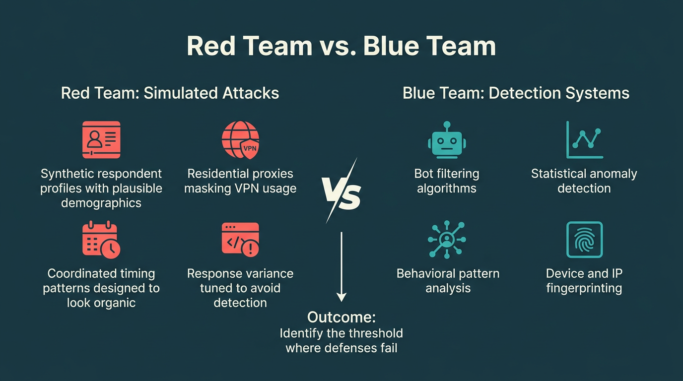 Red Team vs. Blue Team in research fraud detection — simulated attacks like synthetic respondent profiles and residential proxies tested against detection systems like bot filtering and behavioral pattern analysis